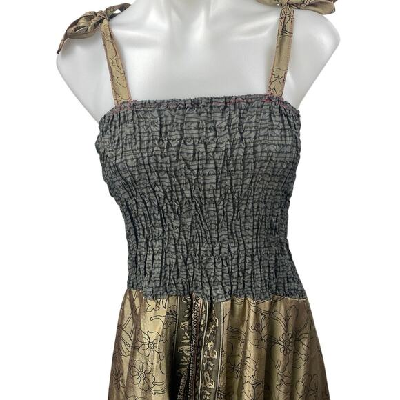 Belma Gold Gray Metallic Sleeveless Smocked Cami Camisole Midi A-Line Dress OS - Picture 3 of 4